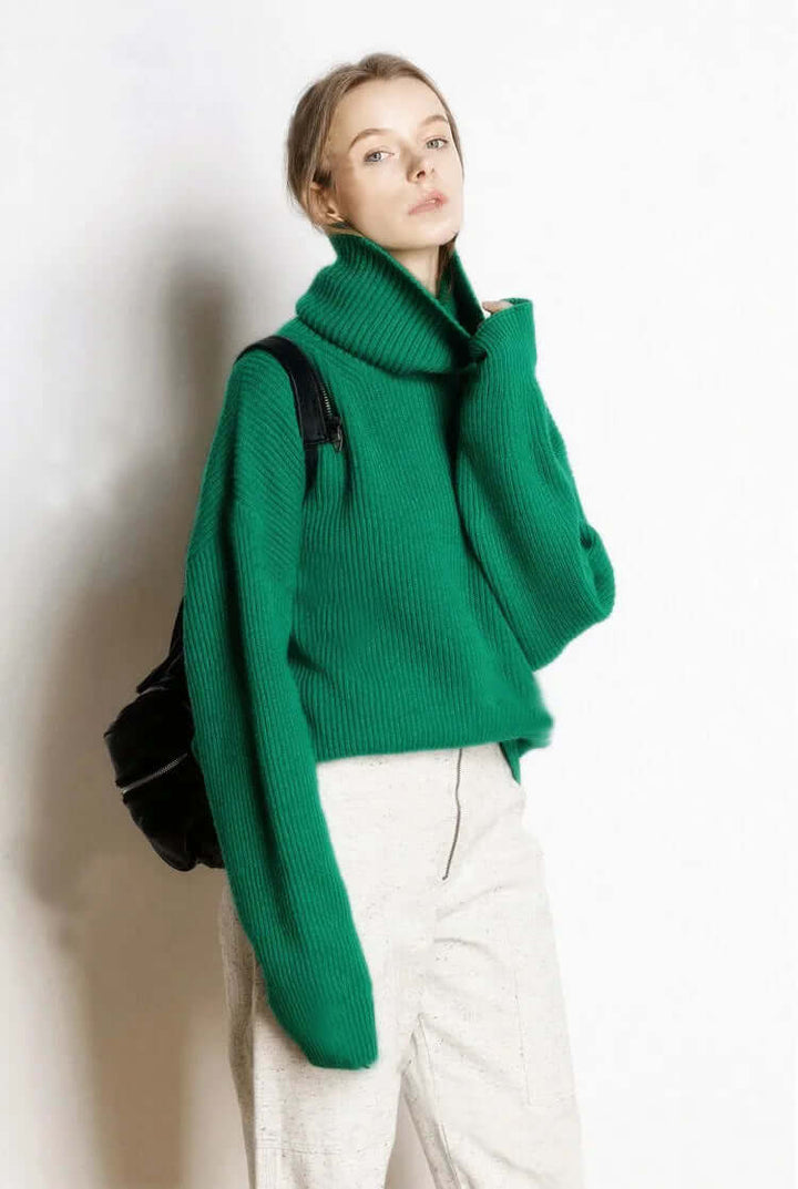 Stylish women's warm knit turtleneck pullover, perfect for casual winter fashion and cozy comfort.