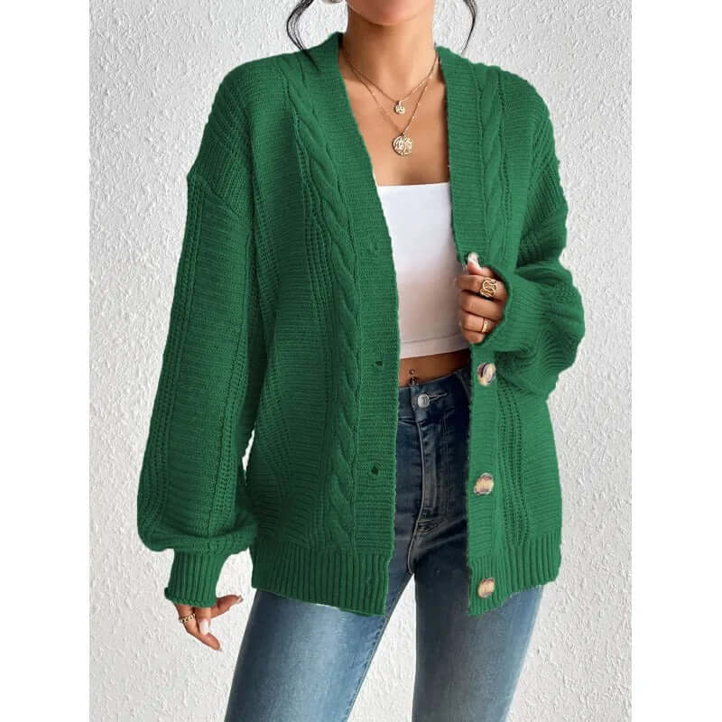 Elegant women's knitwear cardigan, soft and warm, ideal for casual or layered fall/winter outfits.