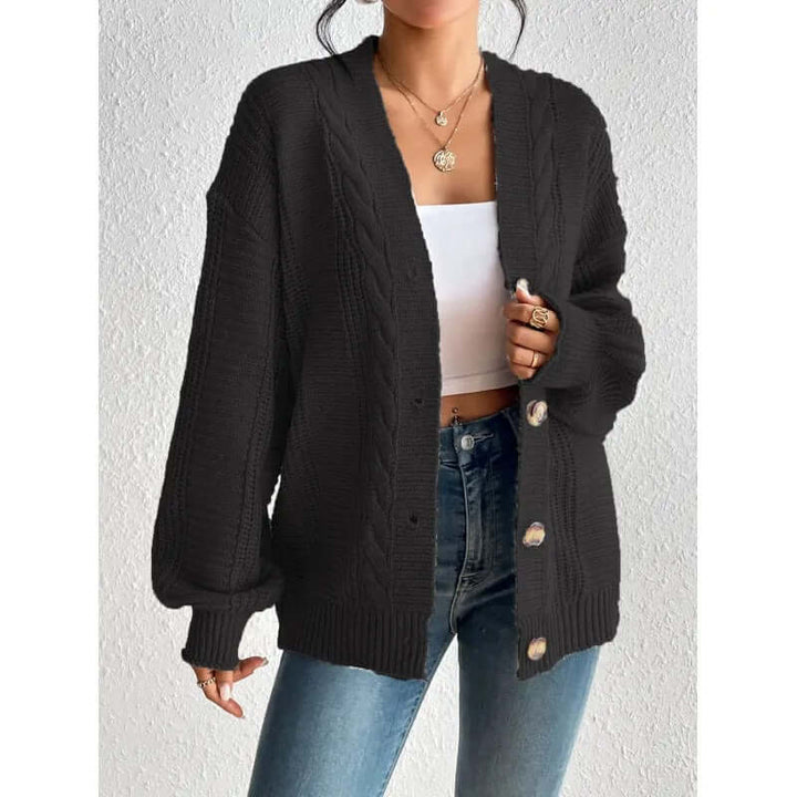 Soft, chunky knitted cardigan for women, providing warm and cozy outerwear for fall and winter.