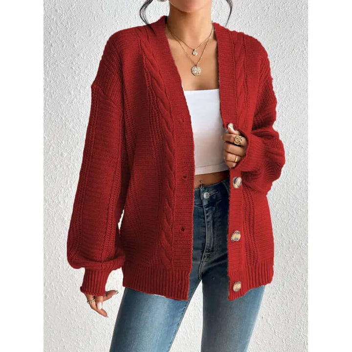 Versatile women's cardigan sweater, a cozy knitted layer for casual elegant fall and winter fashion.