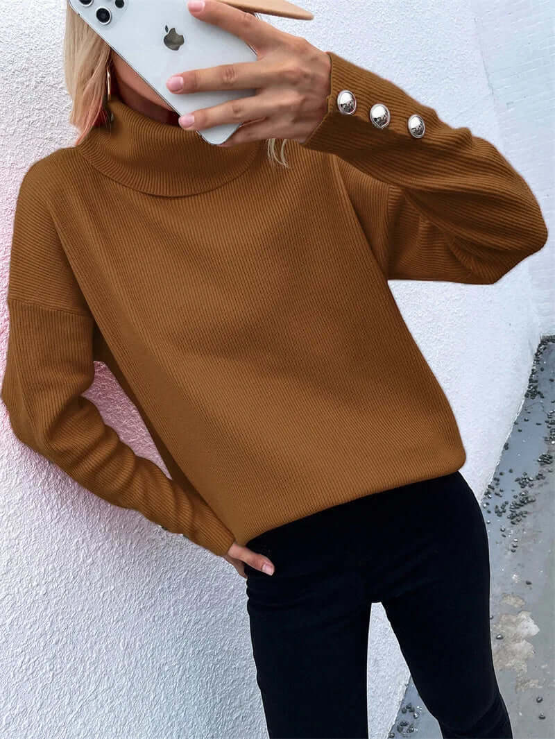 Cozy women's knit sweater with a high neck, perfect for staying warm and stylish during winter.