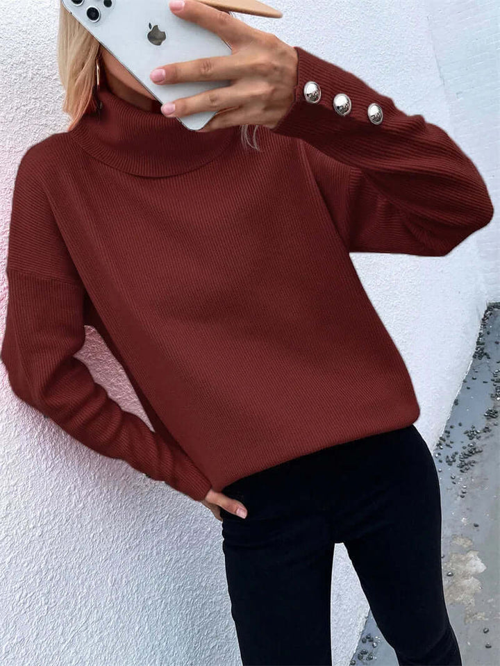 Elegant women's high neck knit pullover, providing warmth and a chic look for winter casual occasions.