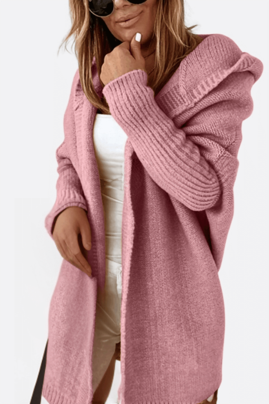 Women's cozy knitted hooded coat, perfect for casual fall & winter fashion.