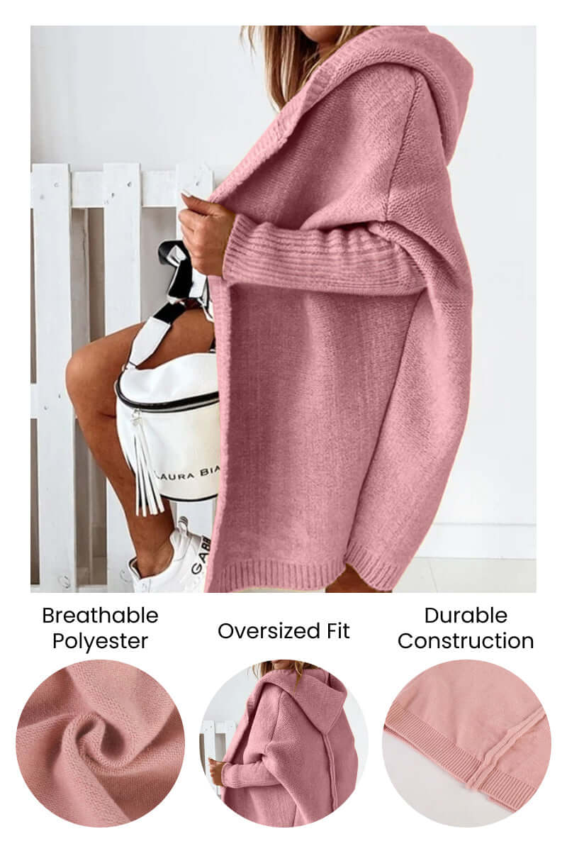 Close-up of the cozy knitted fabric & hood detail of women's fall/winter coat.