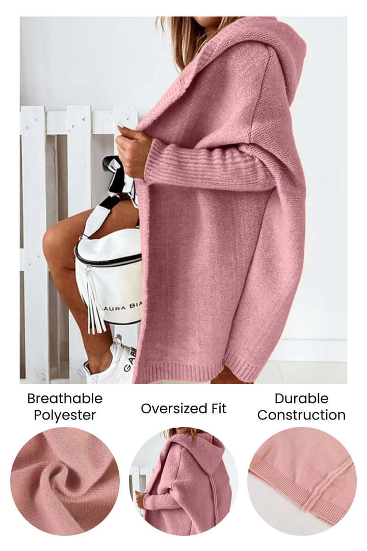 Close-up of the cozy knitted fabric & hood detail of women's fall/winter coat.