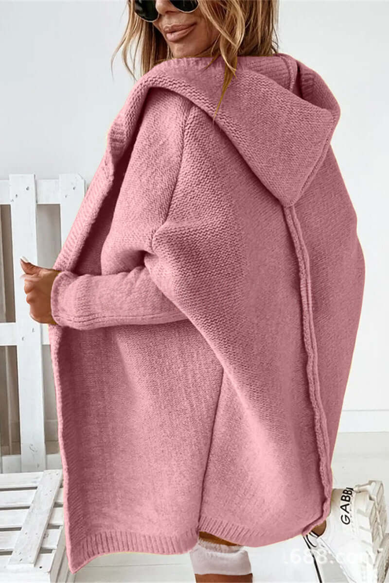 Light pink women's cozy knitted hooded coat, stylish & warm for fall fashion.