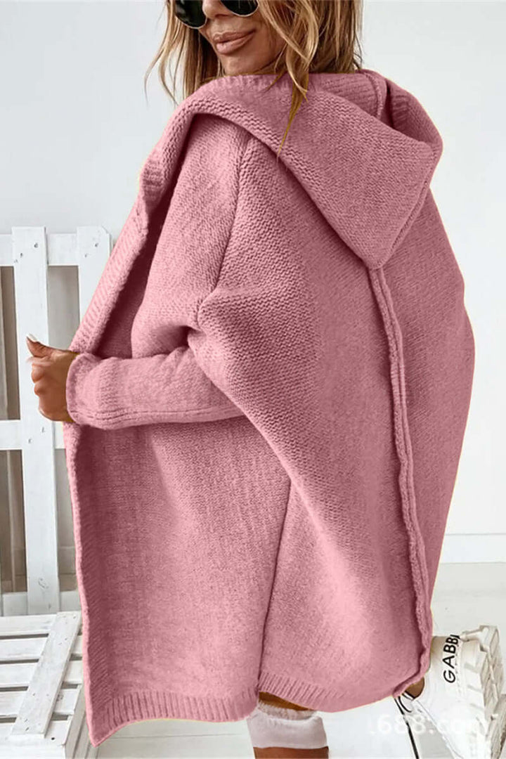 Light pink women's cozy knitted hooded coat, stylish & warm for fall fashion.