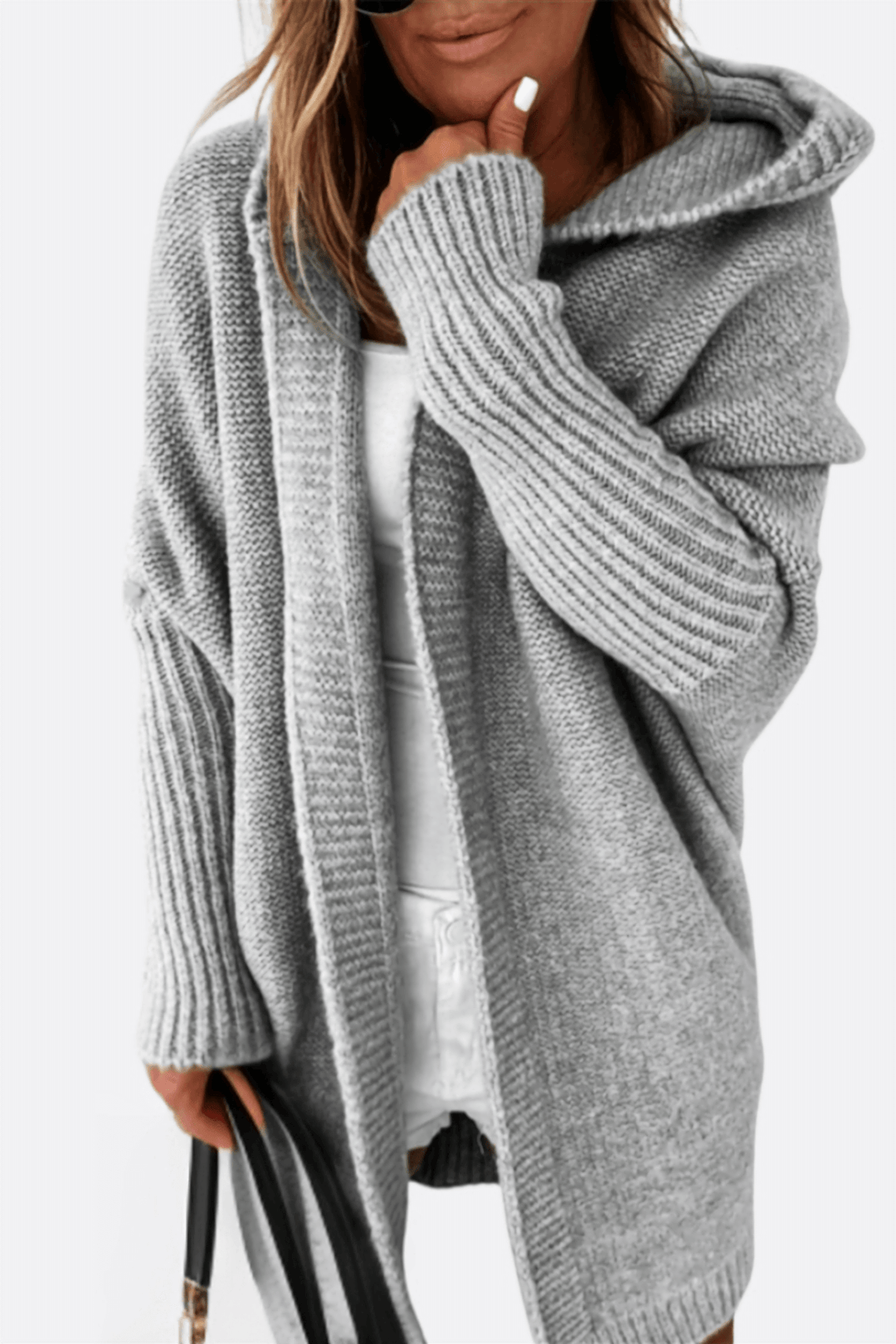 Gray women's comfortable knitted hooded jacket, perfect for casual winter warmth.