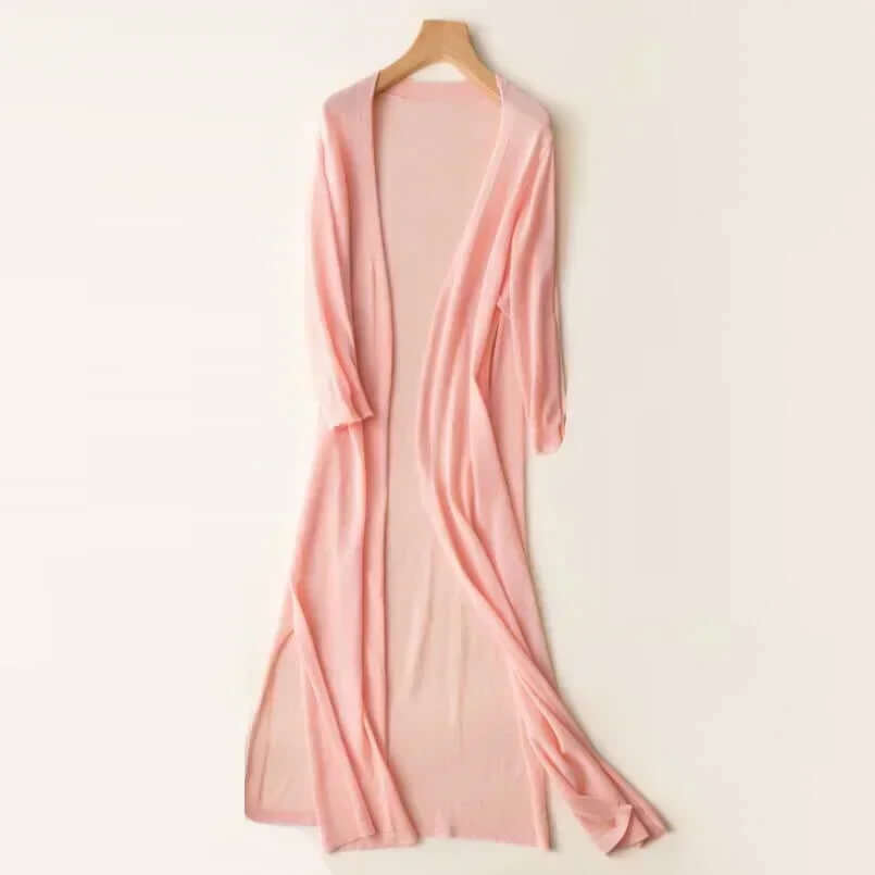 Stylish women's open-front long knitted cardigan, a perfect cozy fashion layer.