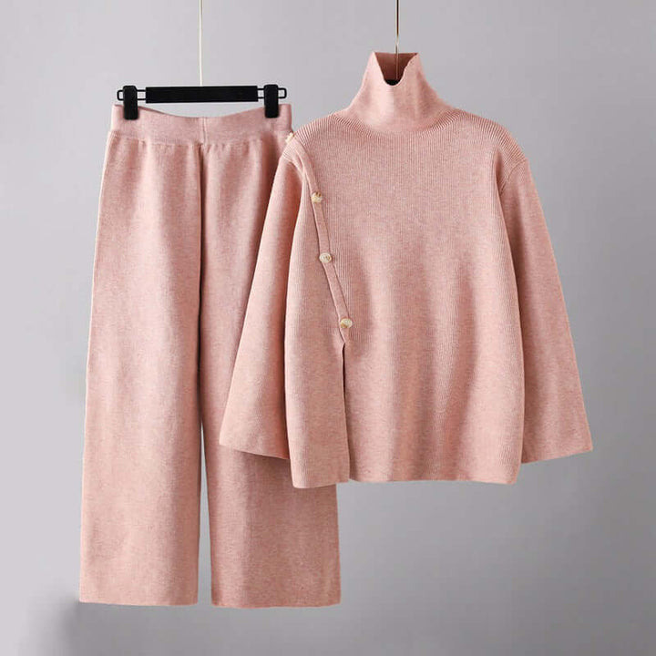 Women's cozy knitted lounge set with high collar, perfect for relaxing at home in stylish comfort.