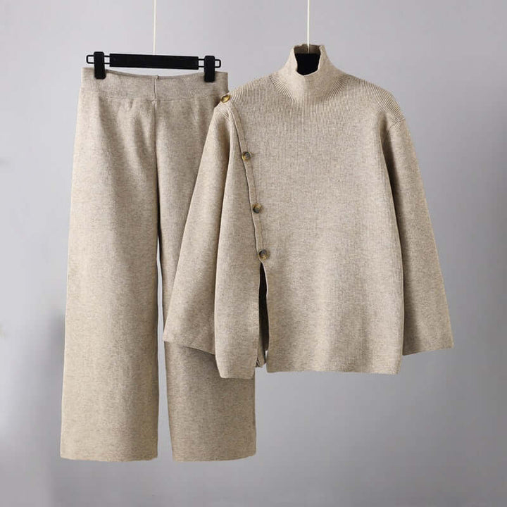 Pink women's knitted matching set with a high collar, ideal for winter fashion & casual comfort.