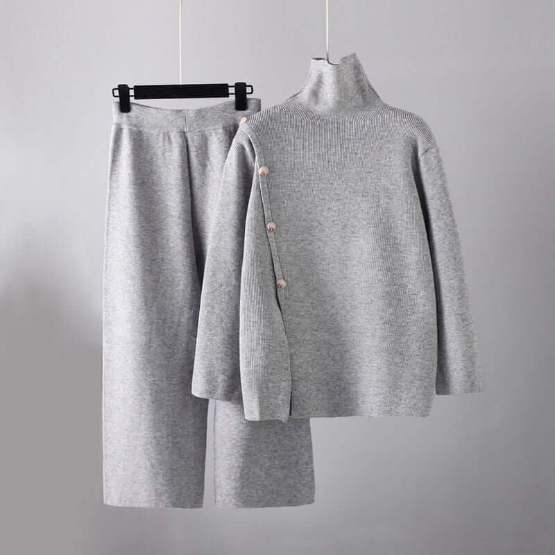 Oversized beige knitted women's set, offering ultimate comfort and a stylish look for cozy lounge wear.