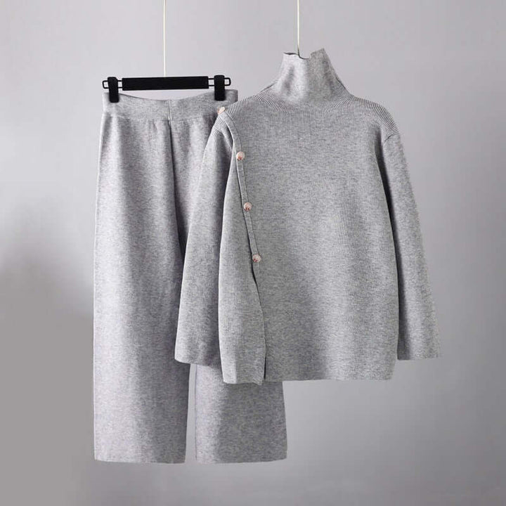 Oversized beige knitted women's set, offering ultimate comfort and a stylish look for cozy lounge wear.