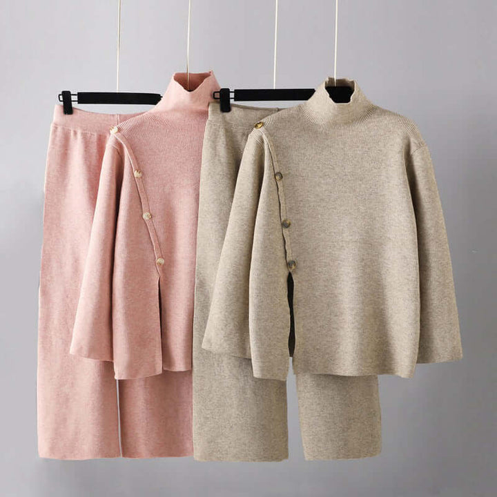 Stylish gray knitted women's set with a high collar, designed for ultimate comfort and cozy lounging.