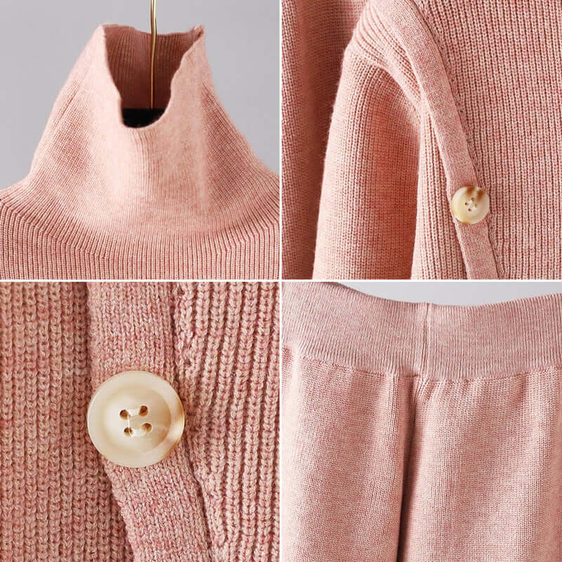 Women's comfortable matching knitted set with a high collar, a stylish and cozy outfit for winter fashion.
