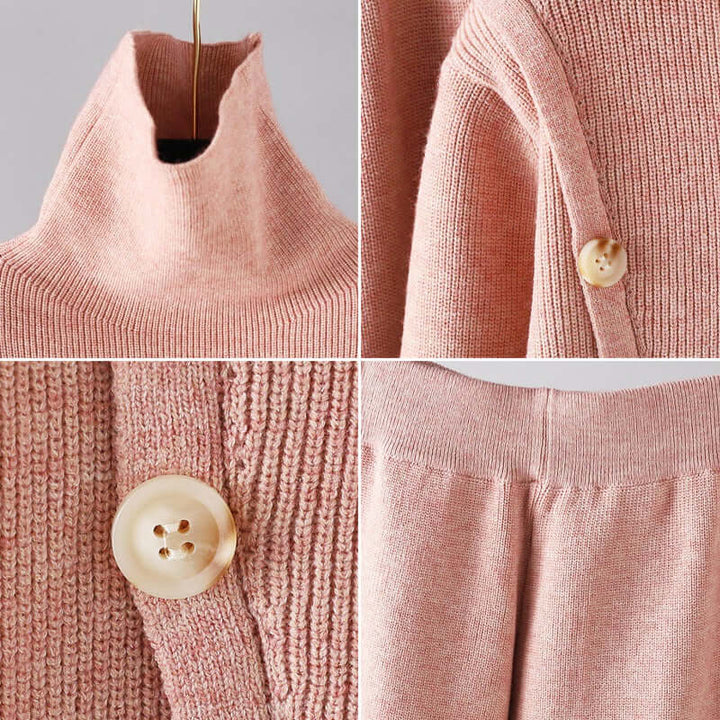 Women's comfortable matching knitted set with a high collar, a stylish and cozy outfit for winter fashion.