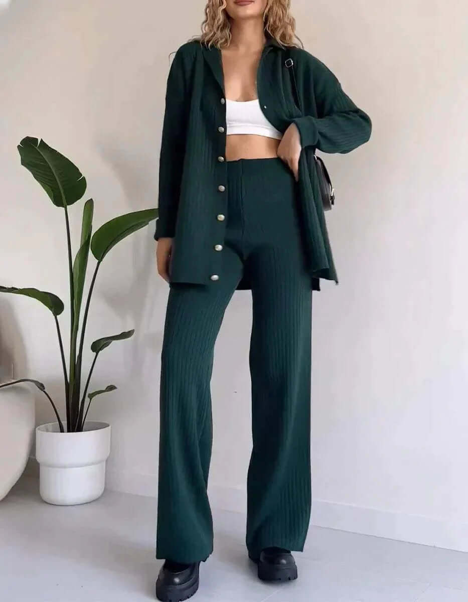 Women's cozy knitted two-piece set featuring a stylish cardigan and comfortable wide-leg pants. Ideal loungewear.