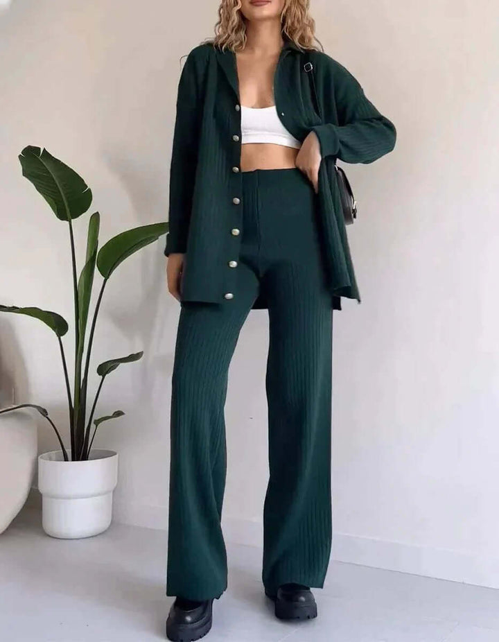 Women's cozy knitted two-piece set featuring a stylish cardigan and comfortable wide-leg pants. Ideal loungewear.