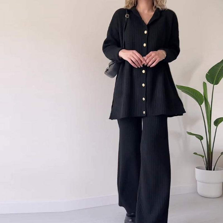Comfortable women's two-piece knitted set with a cozy cardigan and wide-leg pants for versatile loungewear.