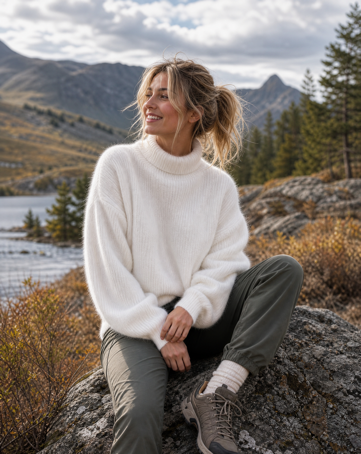 Stylish women's high-neck pullover sweater with voluminous sleeves for a casual, comfortable look.