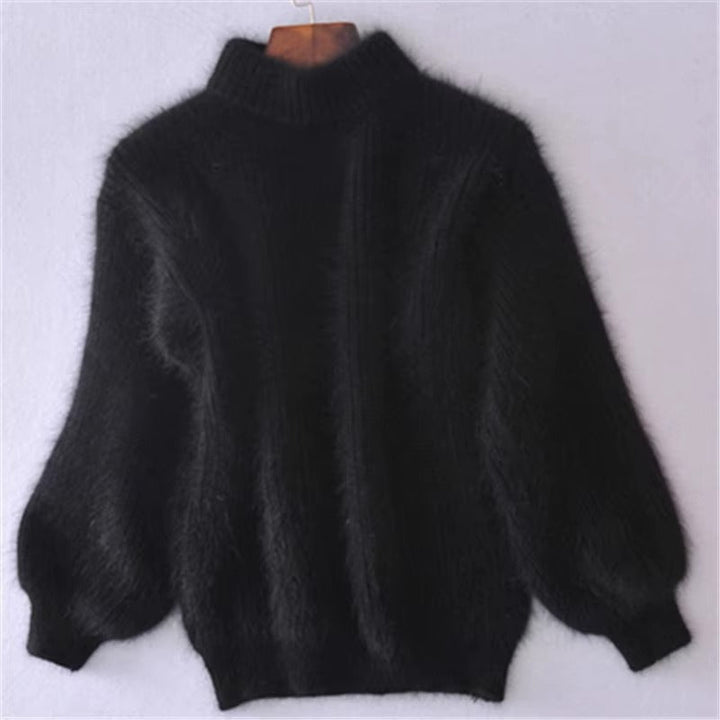 Stylish women's knit pullover sweater, loose fit, high neck, and voluminous sleeves for layering.