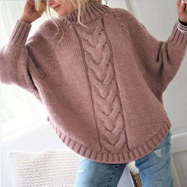 Comfortable women's loose knit turtleneck sweater, a soft and warm pullover for chilly winter days.