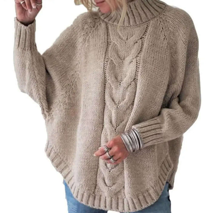 Soft women's pullover sweater with a cozy loose knit and a warm turtleneck, perfect for winter comfort.