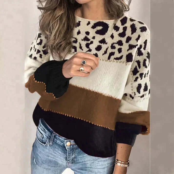Women's cozy loose knit brown sweater with a round neck, perfect for fall casual style and all-day comfort.