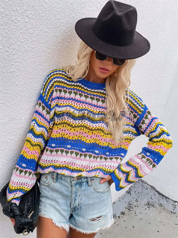 Chic women's knitted jumper. Loose fit, comfortable, and cozy. Ideal pullover sweater for casual winter style.