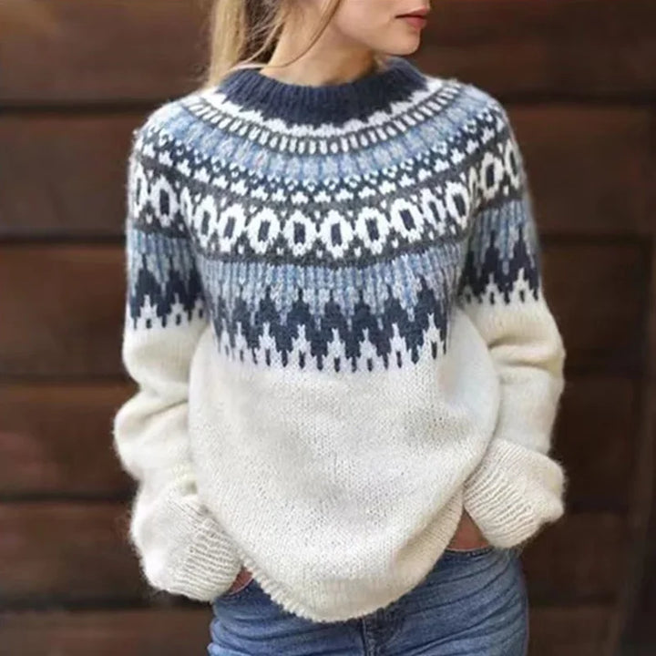 Women's cozy Norwegian knitted sweater with classic Nordic pattern, perfect for warm winter fashion and fall outfits.