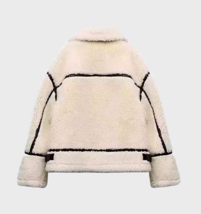 Front view of women's cozy oversized beige fleece zip jacket, a comfortable layering piece for cool weather.