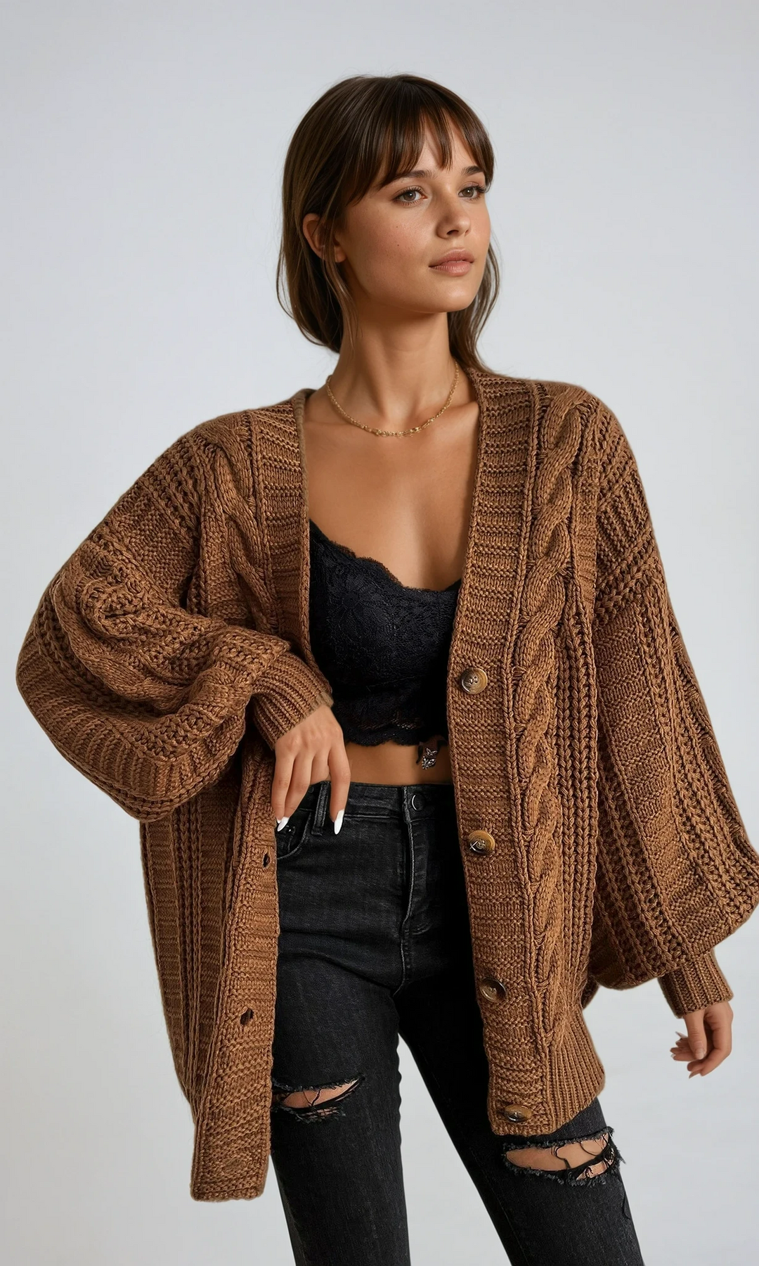 Women's cozy oversized cable knit cardigan, relaxed fit. Perfect for autumn & winter layering, comfortable casual wear.