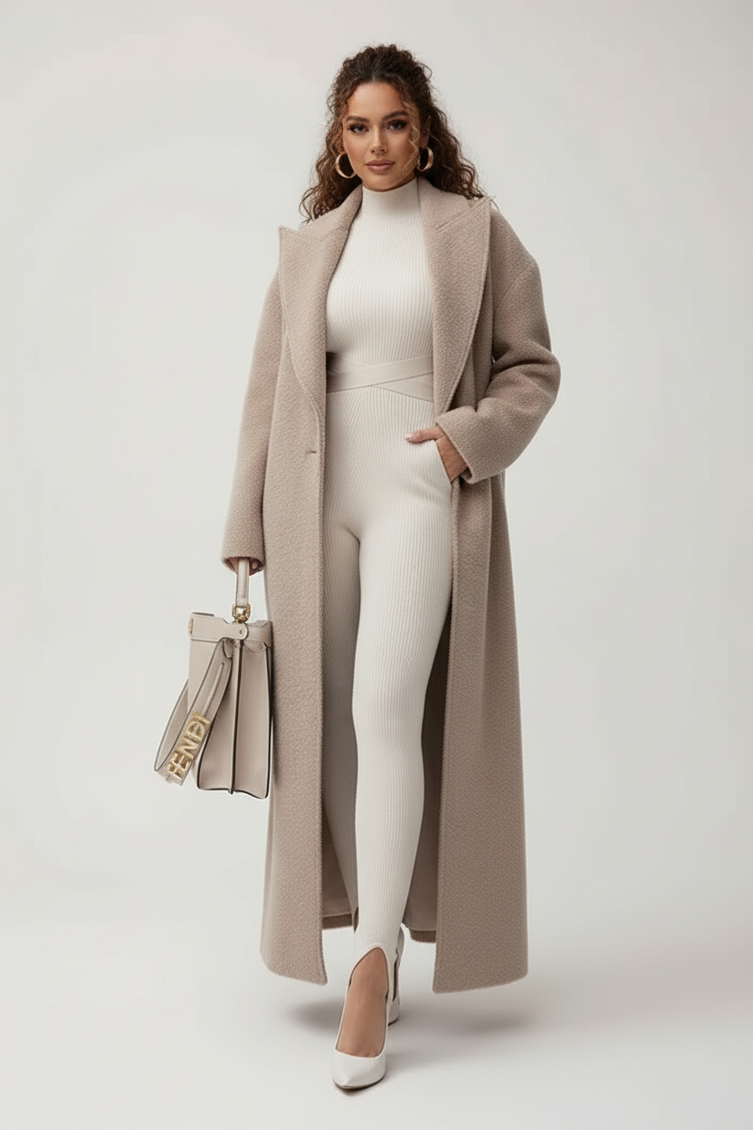 Women's cozy oversized long coat in a neutral tone, offering warmth and effortless style for winter fashion.