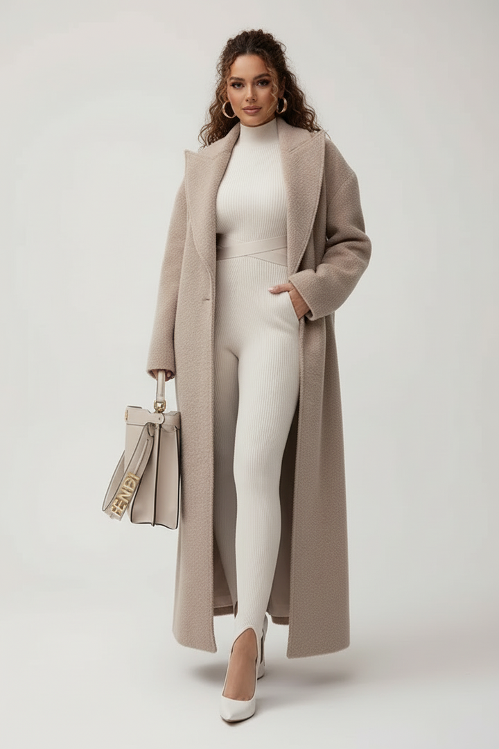 Women's cozy oversized long coat in a neutral tone, offering warmth and effortless style for winter fashion.