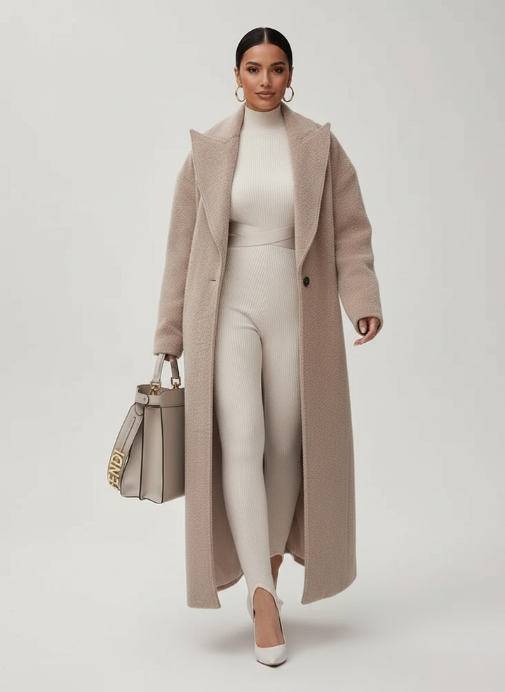 Model wearing a warm, oversized long winter coat for women, showcasing its cozy fit and casual elegance.