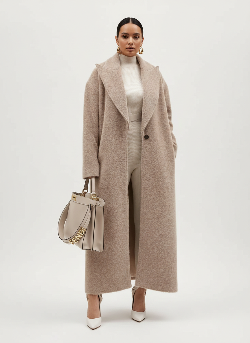 Back view of a women's oversized long coat, highlighting its flowing design and versatile autumn/winter appeal.