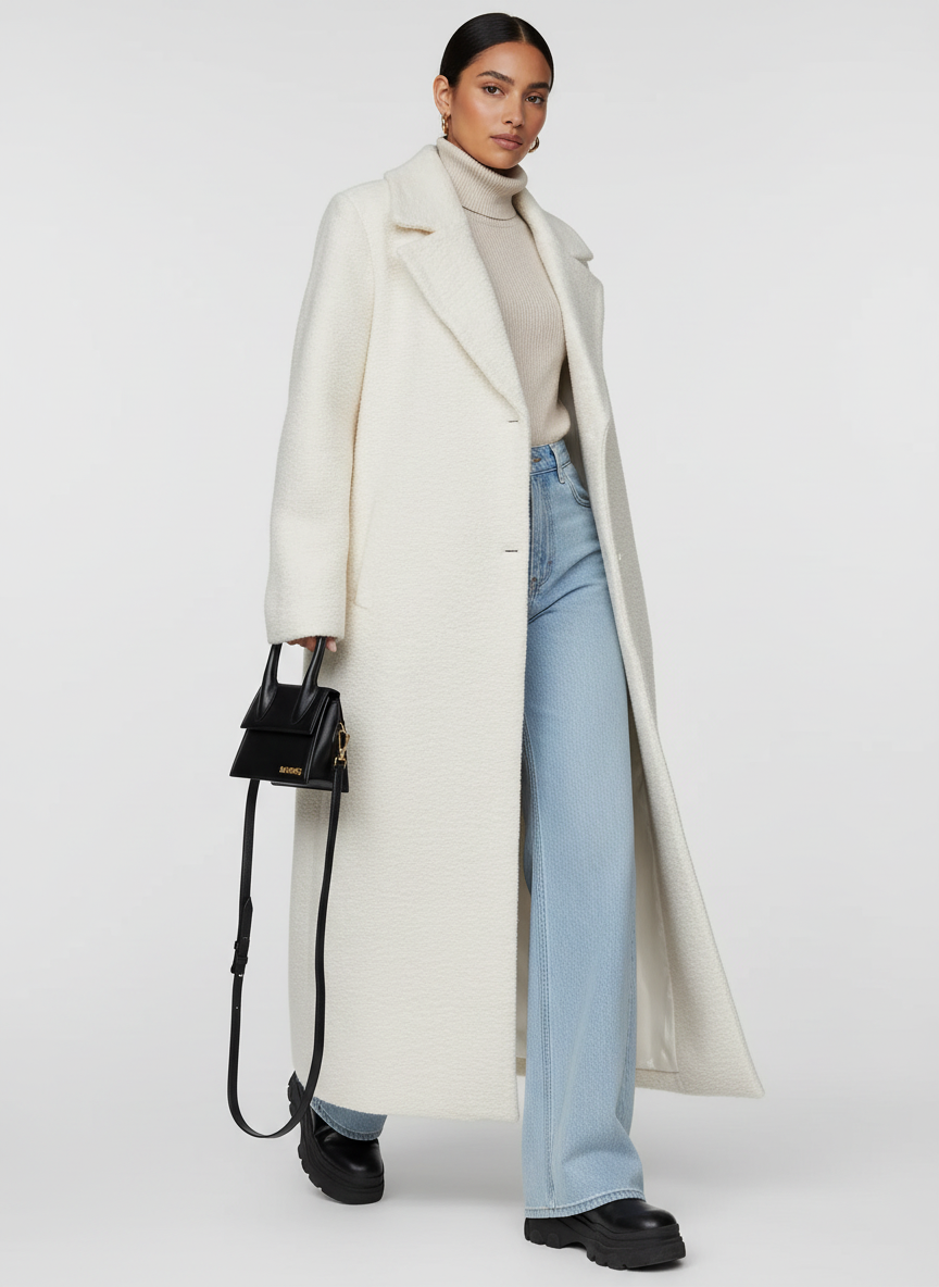 Elegant women's oversized long coat with a relaxed fit, a versatile piece for casual or dressy winter looks.