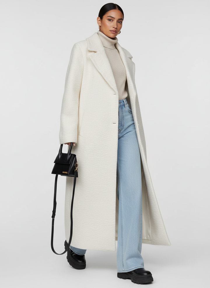 Elegant women's oversized long coat with a relaxed fit, a versatile piece for casual or dressy winter looks.