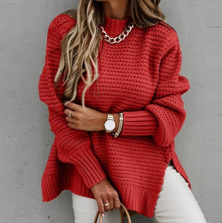 Knitted long-sleeve women's oversized sweater, ultimate comfort & elegant layering for a stylish winter look.