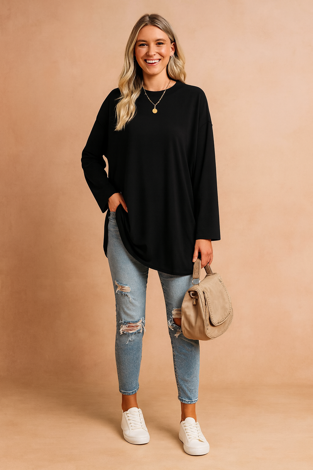 Soft and cozy women's oversized pullover sweater, a comfortable long sleeve top for cool weather.