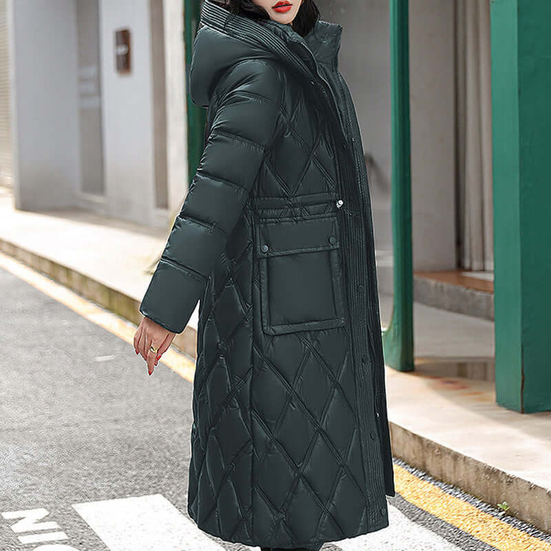 Padded women's winter coat, featuring a hood for extra warmth.