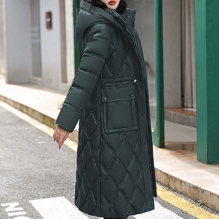 Padded women's winter coat, featuring a hood for extra warmth.