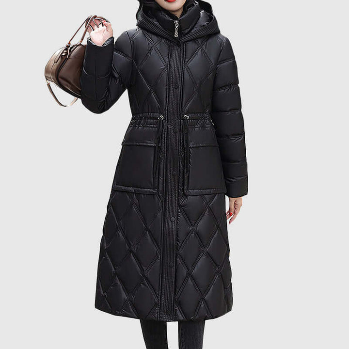 Women's hooded padded winter jacket, designed for extreme cold.