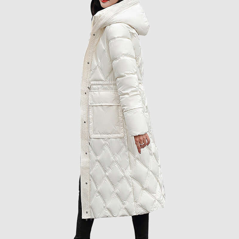 Cozy women's winter jacket, padded and hooded for maximum warmth.