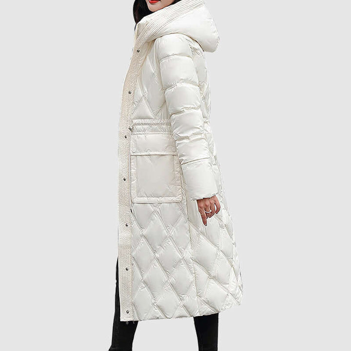 Cozy women's winter jacket, padded and hooded for maximum warmth.