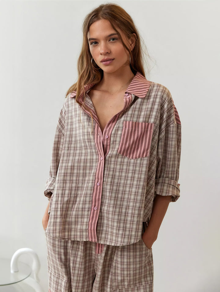 Comfortable women's plaid flannel loungewear shirt, ideal for relaxing at home.