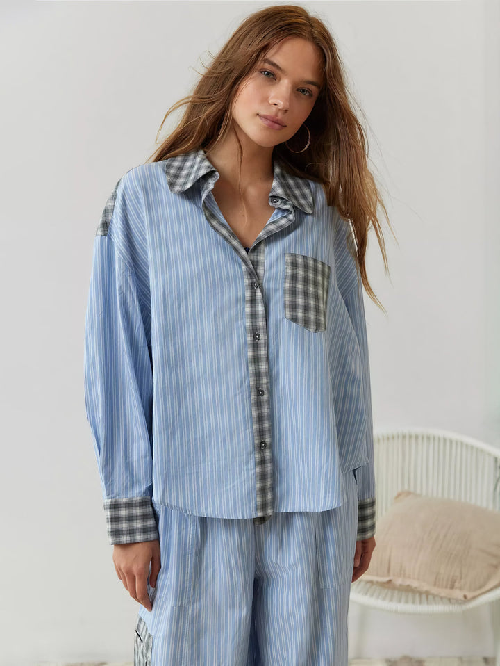 Stylish women's plaid sleepwear shirt made from breathable, soft flannel cotton.