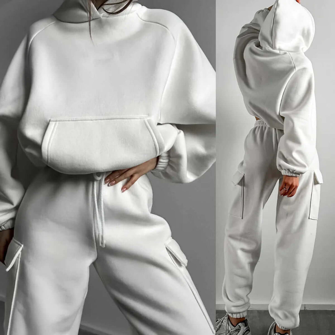 Neutral tone women's cozy relaxed fit hoodie and jogger set, a comfortable loungewear staple.