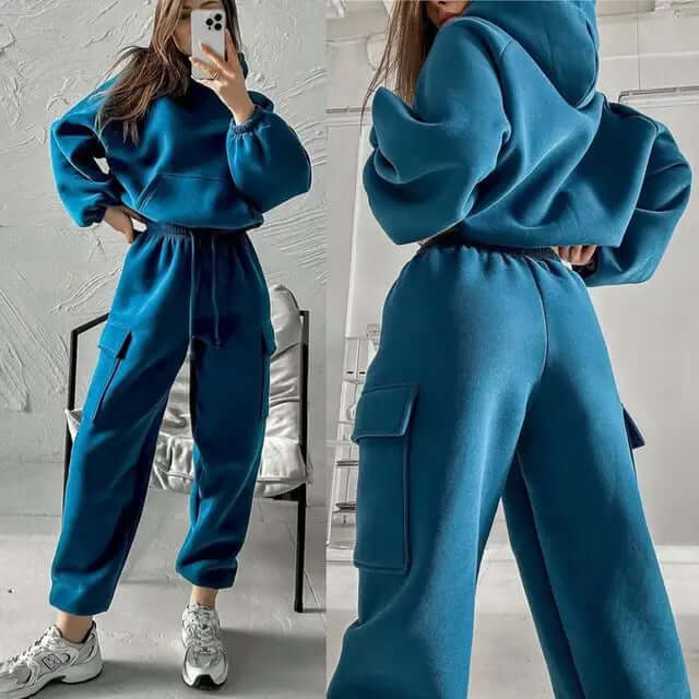 Relaxed fit women's loungewear set; soft hoodie and joggers for cozy comfort at home or casual wear.
