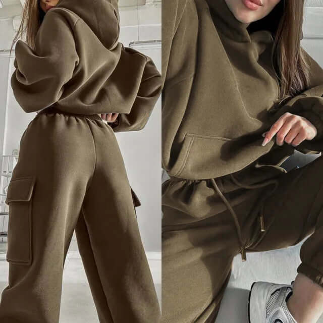 Stylish women's relaxed fit hoodie and jogger set; perfect two-piece athleisure outfit for comfort.